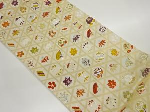 籠目に扇・糸巻き・草花模様織出し袋帯